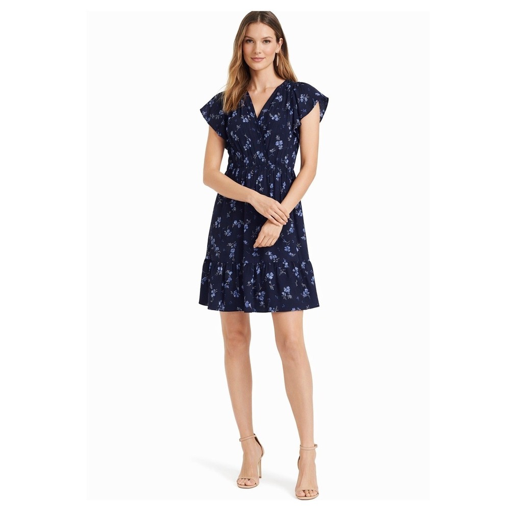 Rebecca Taylor Francine Silk Mini Dress Womens Size 4 Navy Floral Smocked EUC